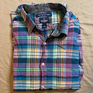 Long Sleeve Slim Fit One Pocket Button Down Plaid Colorful Shirt | Size Large